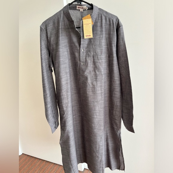 NWT FABINDIA Men's Slate Gray Khadi Woven Cotton Nehru Kurta Sz 38 Comfort M / L - Picture 1 of 9